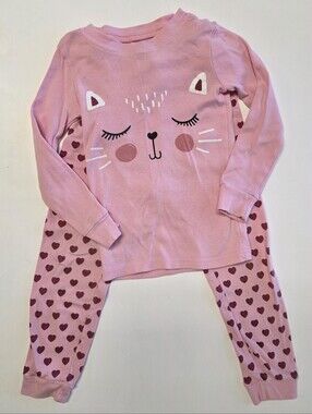 Girls' Pink Cat Face Pajama Set with Heart-Print Pants - Cute Sleepwear